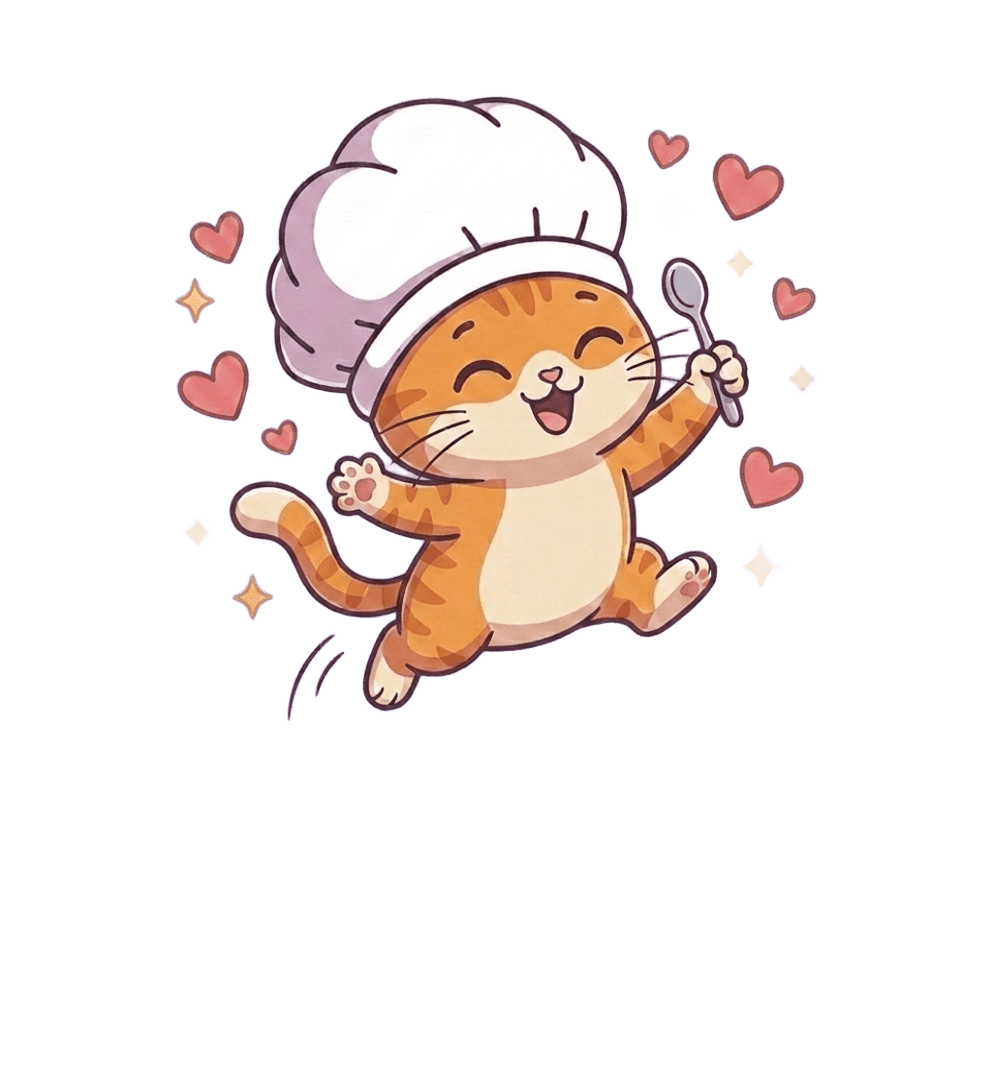 Cook Journal mascot chef cat jumping happily with a spoon