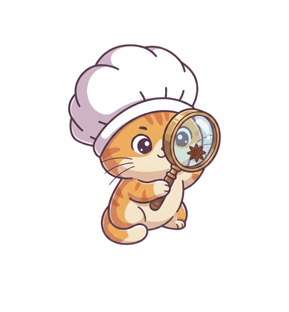 Cook Journal mascot cat inspecting an ingredient with a magnifying glass