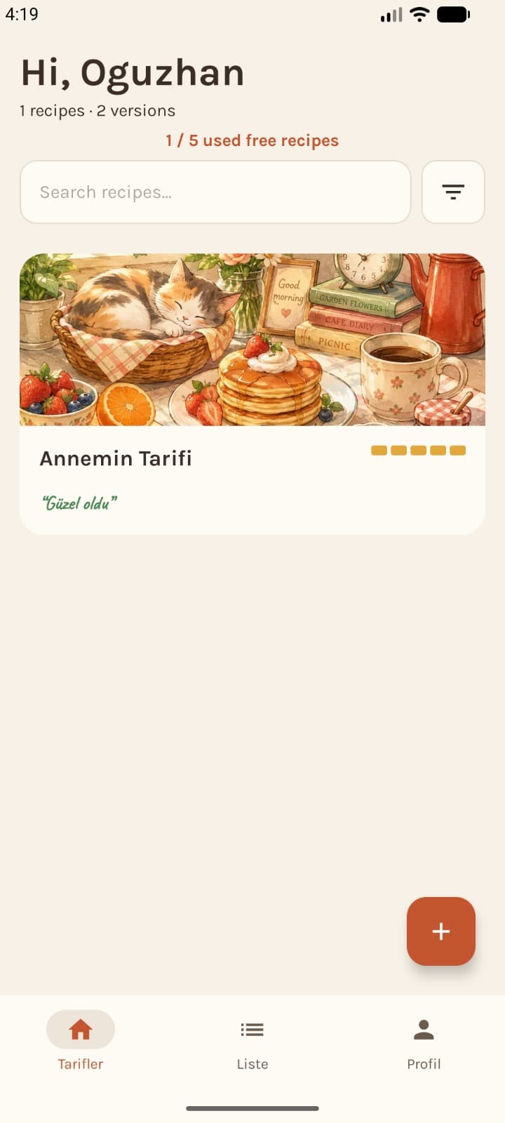 Cook Journal app home screen showing a saved recipe card with a star rating