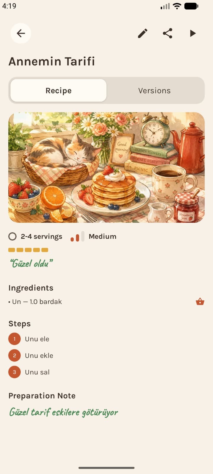 Recipe detail screen with ingredients, steps and a preparation note