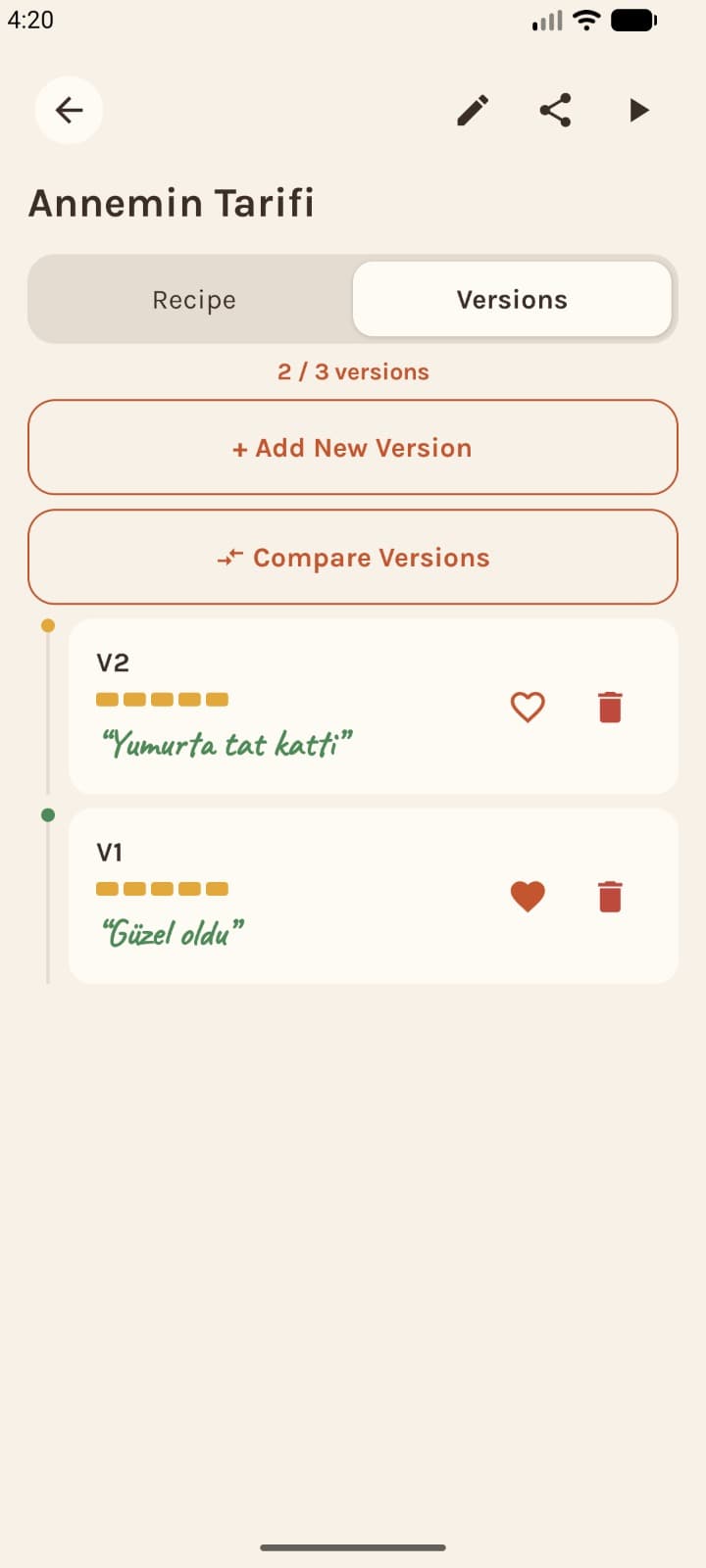 Recipe version history screen with V1 and V2 attempts, ratings and handwritten notes